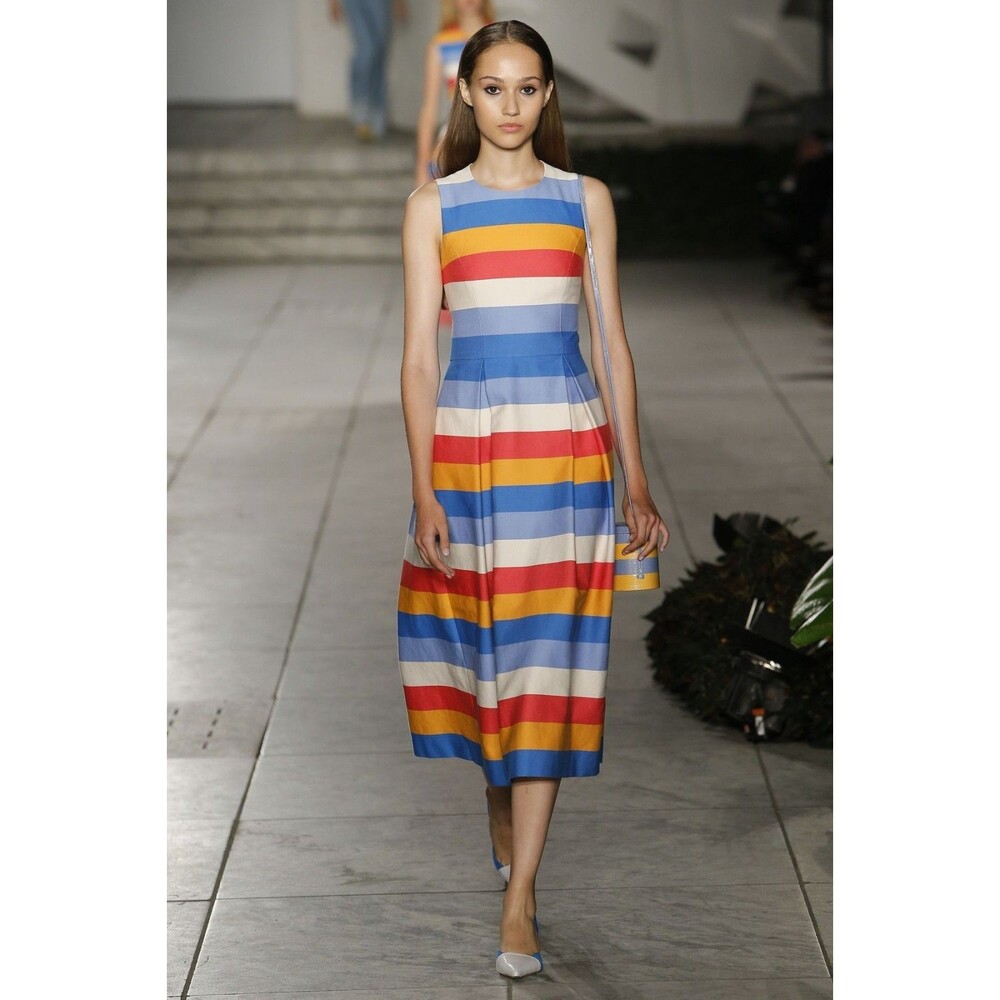 RUNWAY $2590 Carolina Herrera tie-back striped cotton-blend midi dress Sz 12 - Picture 4 of 10